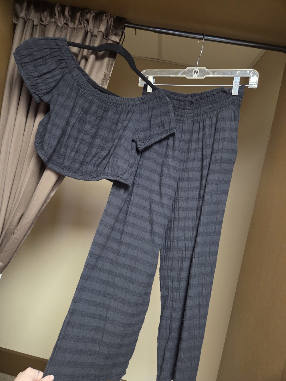 aerie Black Textured Wide-Leg Pants & Off-Shoulder Top Set